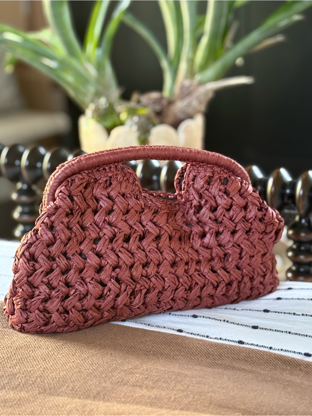 Large Straw Clutch Bag - Wine color